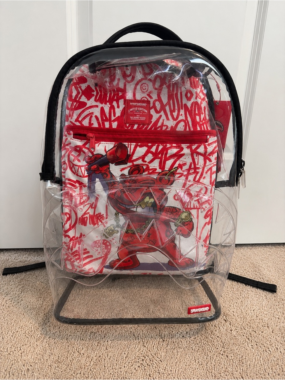 Sprayground Clear Backpack with Red Graffiti Shark Character